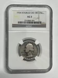 1934 Philadelphia Washington Silver Quarter Double Die NGC AG 3 FS-101 - Picture 1 of 5