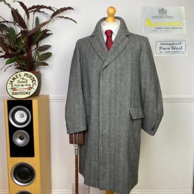 AQUASCUTUM Men’s (40S) Tweed Herringbone Charcoal Vintage Covert Overcoat Jacket - Image 1 of 4
