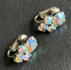 1950s Keyes Aurora Borealis Clip-On Earrings Vintage Signed Rhinestones - Picture 1 of 4
