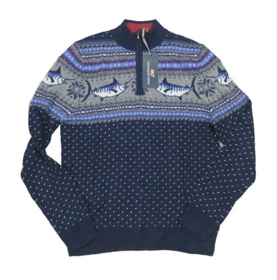Suéter Vineyard Vines masculino Deep Bay azul marlin padrão intársia 1/4 zíper - Imagem 1 de 4