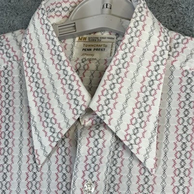 True VTG Towncraft Shirt Mens 16 32 White Geometric Dagger Collar Disco 60s 70s - Image 1 of 4