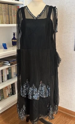 Antique 1920s Flapper Dress With Black Silk Tuelle Sequins Great Gatsby Art Deco - Image 1 of 4