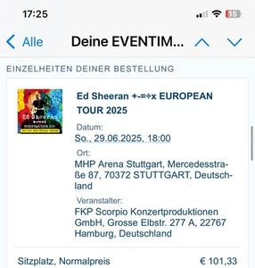 1x Ticket Ed Sheeran Stuttgart 29.06.2025 - Bitte lesen - Bild 1 von 1