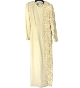 Vintage 70s Women's Gown Bill Blass Sz 8 Ivory Beaded Formal Dress Long Sleeves - Picture 1 of 12