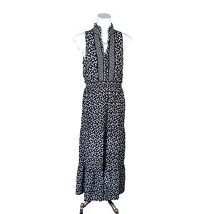 London Times Maxikleid Damen Größe 10 Schwarz Weiß Ärmellos Blumenmuster Rüschen - Bild 1 von 8