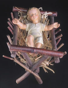 Antikes Jesuskind in Wiege liegend Terrakotta polychrom bemalt Krippenfigur 17cm - Bild 1 von 14