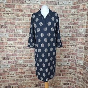 Trenery Dress Small Blue Cream Polka Dot Jersey Knee Length Collared Organic - Picture 1 of 12