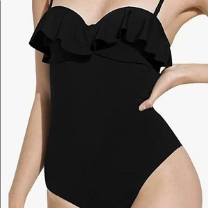 Women's Swimsuit Sz S One Piece Black Solid Ruffle Top Underwire NWOT - Picture 1 of 6