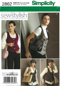 Simplicity 2862 Button Vest, Newsboy Cap, Wristlet, Purse & Tote Sz 12-20 UNCUT - Picture 1 of 4