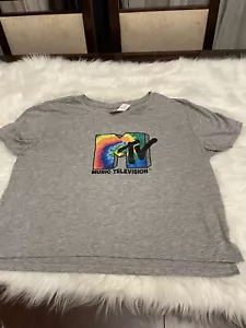 MTV Gray Logo Fluorescent Colors Graphic cropped T-Shirt Cotton Sz XL Women’s - Picture 1 of 3