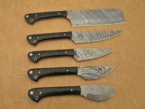 42" long 5 pieces Kitchen knife set 2 tone BLK & BRN scale, suede roll sheath - Picture 1 of 7
