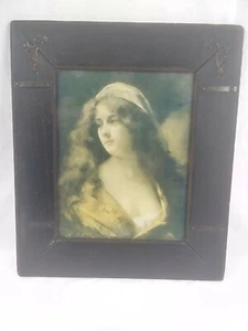 Antique Angelo Asti PORTRAIT OF A GIRL Print Wood Frame Copper Accents Victorian - Picture 1 of 12