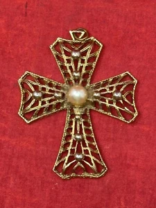 2.5” Boho Metal Cross Pendant for a Necklace with Pearl Center Jewelry Gold Tone - Picture 1 of 5