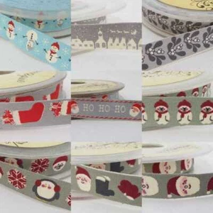Cotton Ribbon 15mm Christmas Print Tape Grey Blue Retro 9 DESIGN 2 4 Meter 138D - Picture 1 of 17