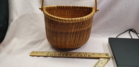 Nantucket Lightship Half Round Basket -Hand Woven Swivel Rattan Handle Wood Base Cover