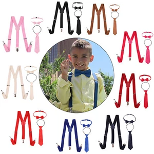 Childrens Boys Braces 25mm Suspenders Matching Bow and Neck Tie Set Kids Wedding - Picture 1 of 77