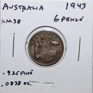 Australia 1943 Silver 6 Pence Sixpence UNC KM38 Free Shipping - Picture 1 of 2