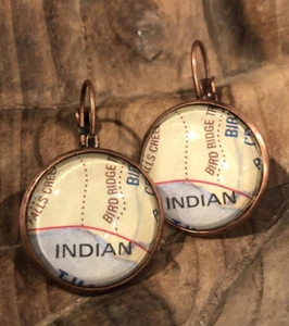 Alaska Indian Valley Bird Ridge Creek Gird Wood Copper Map Glass earrings - Picture 1 of 2