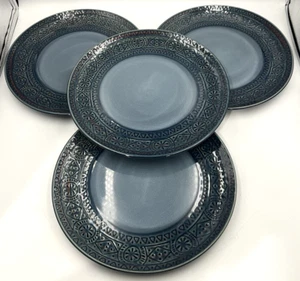 4 Kingfield Stoneware Dinner Plate Blue Embossed Geometric Border 10.5" Retired - Picture 1 of 10