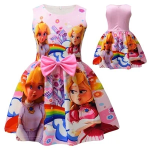 Print Peach Princess Skirt Dress Bow Sleeveless Girls Pink Tie Gown Kids Gifts - Picture 1 of 8