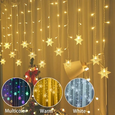 🎄96LED Christmas Curtain Window Snowflake String Fairy Lights Waterproof Decor - Image 1 of 4
