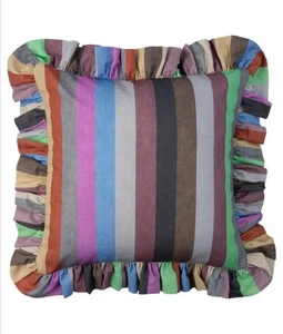 New House of Hackney - Iridis Stripe Medium Frilled Cushion Cotton Rainbow 18x18 - Picture 1 of 9