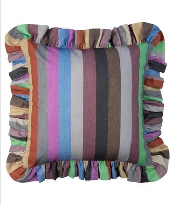 New House of Hackney - Iridis Stripe Medium Frilled Cushion Cotton Rainbow 18x18 - Image 1 of 4