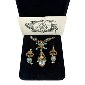 Kirks Folly Pendant Necklace AB & Turquoise Beaded 16" Necklace + Earrings SET - Picture 1 of 6