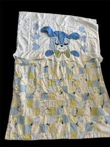 Vtg Handmade Baby Kids Quilt, Puppy Hearts Patchwork Floral Cottagecore Blue - Picture 1 of 8