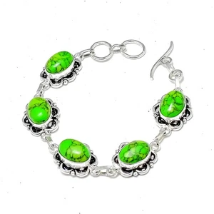 Bracciale in argento sterling 925 con pietre preziose turchese verde fatto a mano misura 8" - Foto 1 di 10