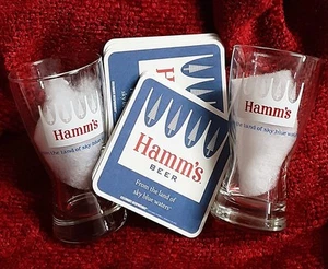 2 Hamm’s Sham Beer Glasses White Crown Logo, 5 1/4” & 6 new Coasters - Picture 1 of 1