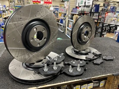 JAGUAR F TYPE V6 S XF XJ CROSS DRILLED GROOVED BRAKE DISC MINTEX PAd 380 325MM - Image 1 of 2