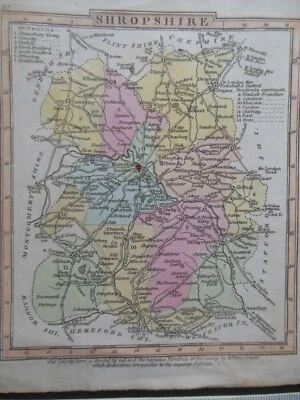 Small Georgian County Map Shropshire Map (c1824) Hand Coloured , England Border - Image 1 of 3