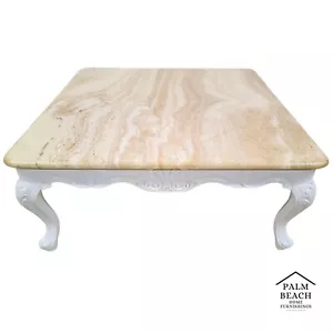 French Provincial Travertine Marble & Wood Cocktail Coffee Table - Picture 1 of 12