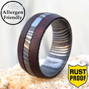 Wooden Profile Damascus Steel Ring Damascus Ring Wood Ring Mens Wedding Band - Picture 1 of 8