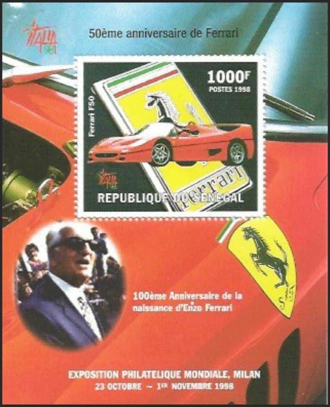 Senegal #YTBF47 MNH S/S 1998 ITALIA Expo Enzo Ferrari F50 Race Car Horse [1345] - Image 1 of 1