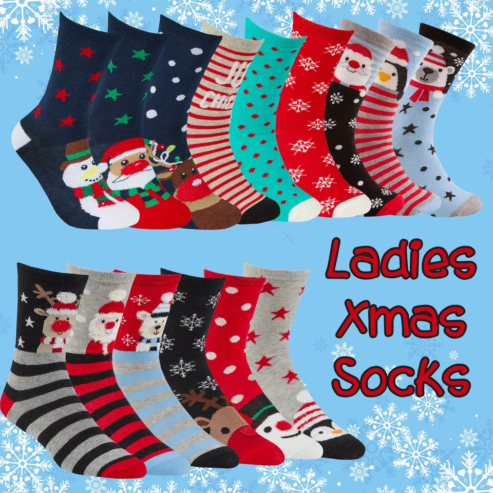 Ladies Womens Novelty Christmas Socks Xmas Winter Gift Cotton Rich 3 6 Pairs UK - Image 1 of 1
