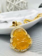 Jade Buddha Pendant Necklace W/ 18K Gold Plated Crystal Charm Hip Hop Chain New