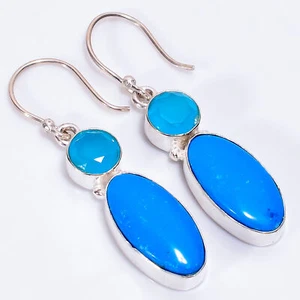 Turquoise Chalcedony Fashion 925 Sterling Silver Dangle Earrings 2" ARE-1359 - Picture 1 of 3