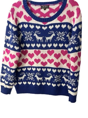 POL Sweater Women Large Fair Isle Hearts Knit Snowflake Deer Lodge Cabin Holiday - Image 1 of 4