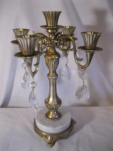 Vintage 12,5" 5-armiger goldfarbener Kerzenhalter Marmorsockel hängend-Kristalle 3 Krallen-Füße - Bild 1 von 18