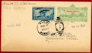 US Hawaii 1929, 1c Green Postal Entire, Ovpt. Red, US 5c Added, Hilo to Indiana - Picture 1 of 2
