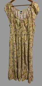 Old Navy Dress XL Yellow Floral Cottagecore Midi Smocked Ruffle Boho Pockets - Picture 1 of 4