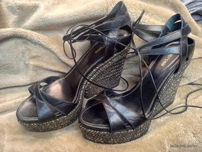 NUEVO Sandalias Sergio Rossi Bilbao Alpargata Cuña Cuero Negro Talla US 9.5 Foto 1 de 4