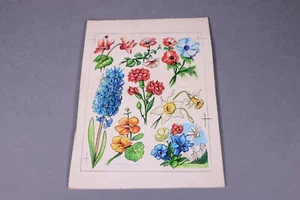 Original tableau gouache chromotransfert FLEURS JACINTHE OEILLET JONQUILLE 50/60 - Picture 1 of 5
