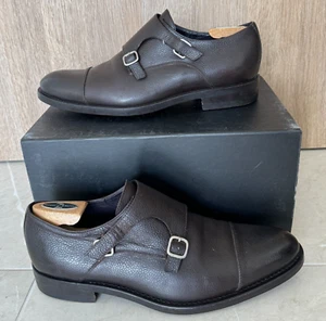 Scarpe eleganti Isaia uomo pelle marrone scuro ciottoli doppio cinturino monaco 9.5UK 11 US - Foto 1 di 10