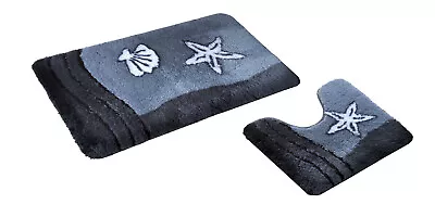 2 teiliges Badematten Set, Badgarnitur," Sealife", grau mit Ausschnitt - Bild 1 von 3