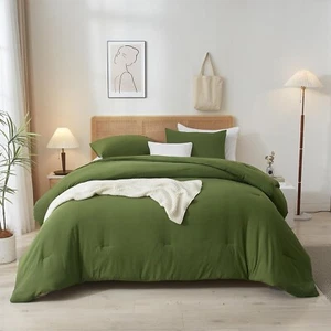 Comforter Set Queen Size 3 Piece Solid Bedding Comforter Set AMWAN Olive Green - Picture 1 of 9