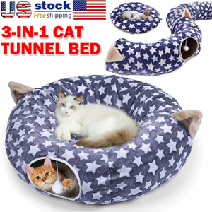 Large Cat Foldable Hiding Tunnel & Soft Cushion Bedding 4 Colors Canvas Pet Toy
