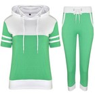 Donna Contrasto 2PC Manica Corta Felpa con Cappuccio 3/4 da Corsa Riposo Tuta